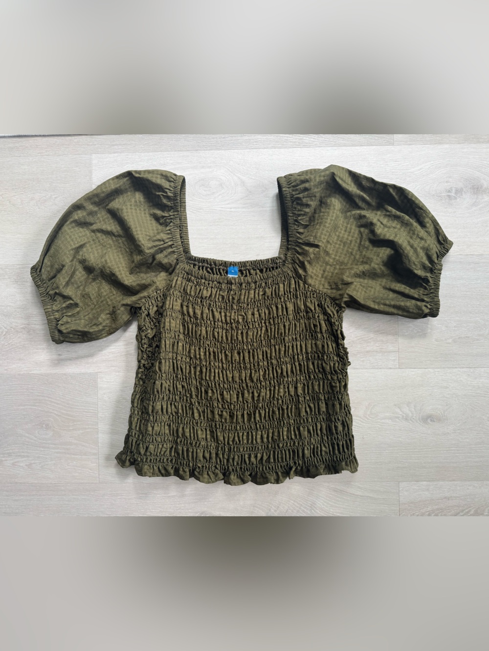 Olive Green Smocked  Puff Sleeve Top